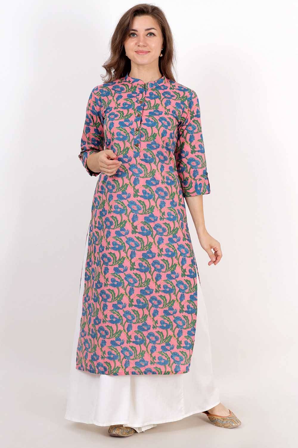 Pink Blue Flower Print Kurti