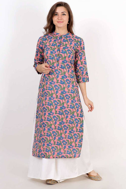 Pink Blue Flower Print Kurti