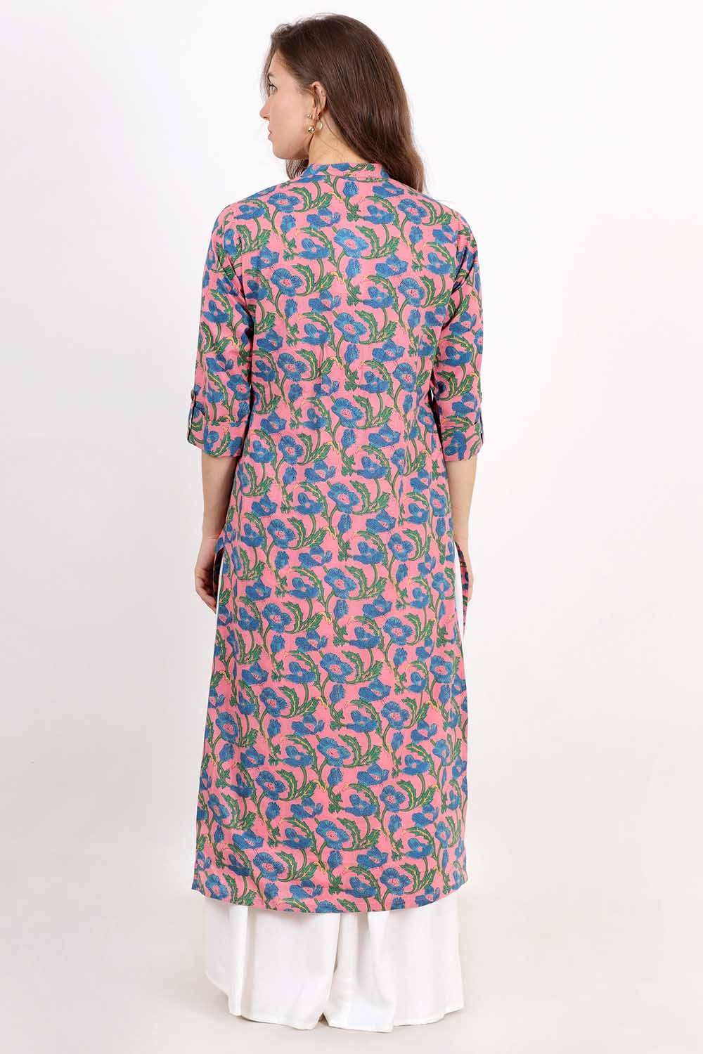 Pink Blue Flower Print Kurti