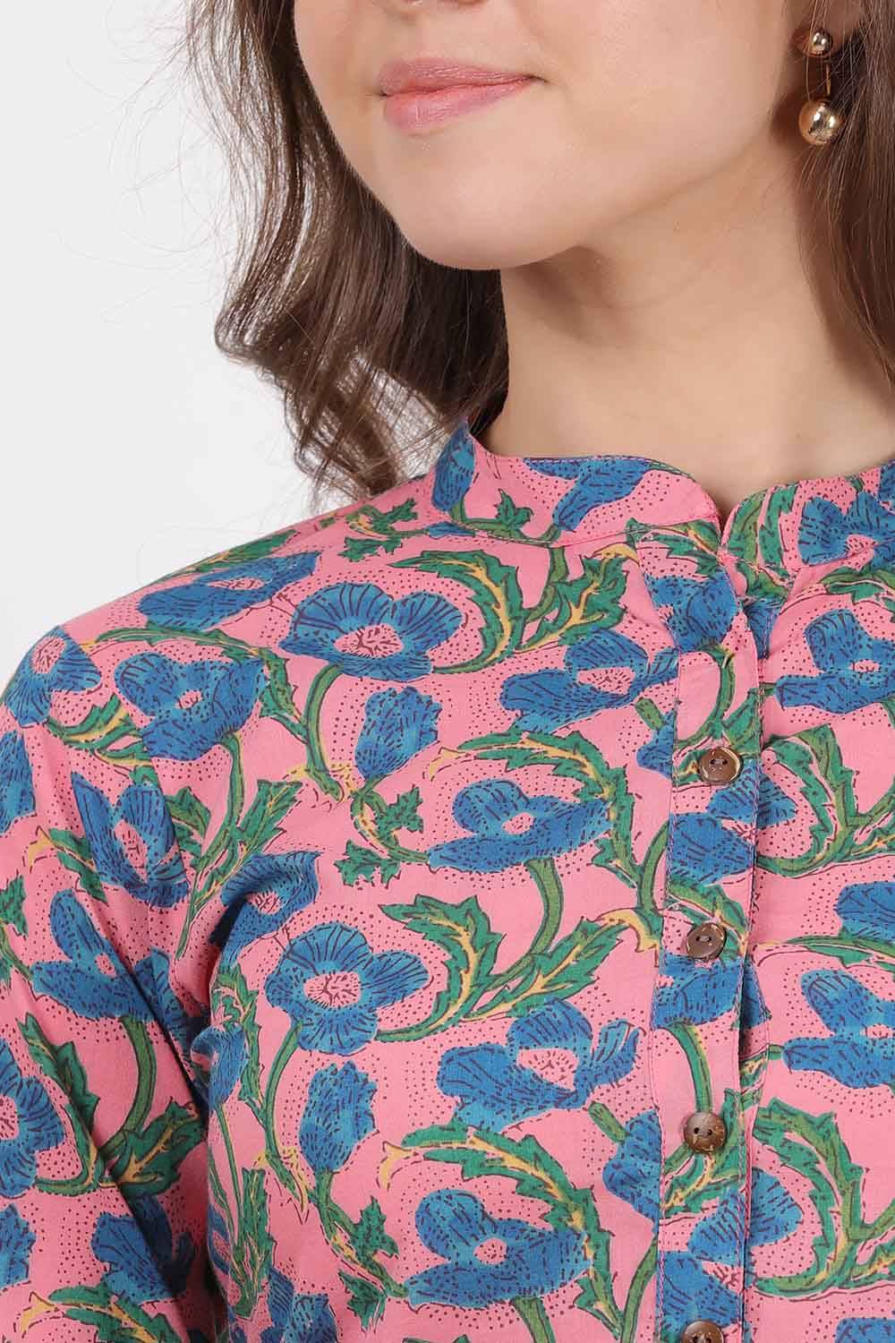 Pink Blue Flower Print Kurti