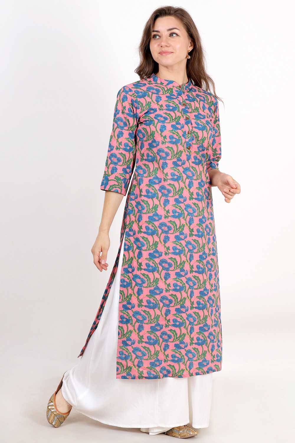 Pink Blue Flower Print Kurti