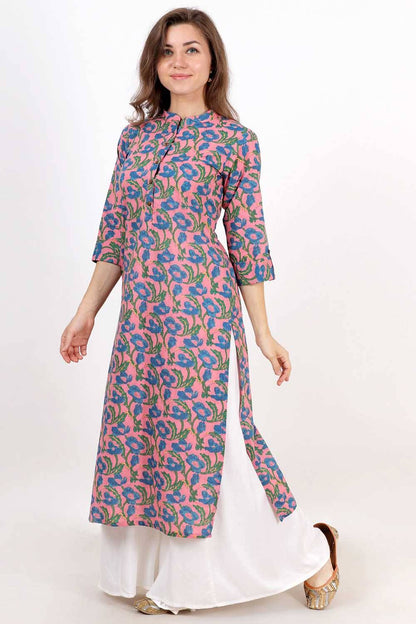 Pink Blue Flower Print Kurti