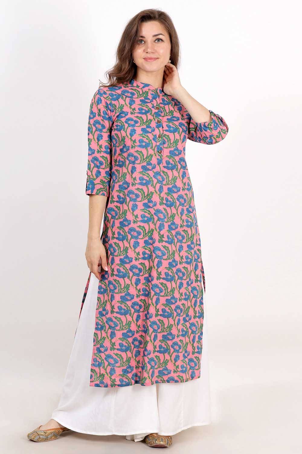 Pink Blue Flower Print Kurti