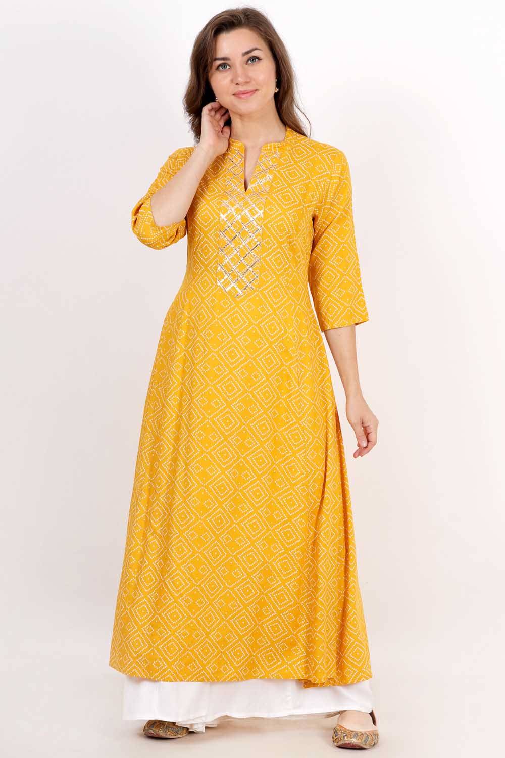 Yellow Bandhani Print Anarkali With Gota Work