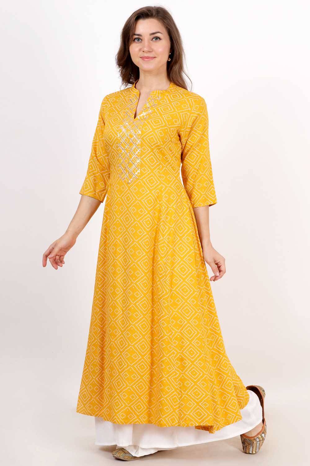 Yellow Bandhani Print Anarkali With Gota Work