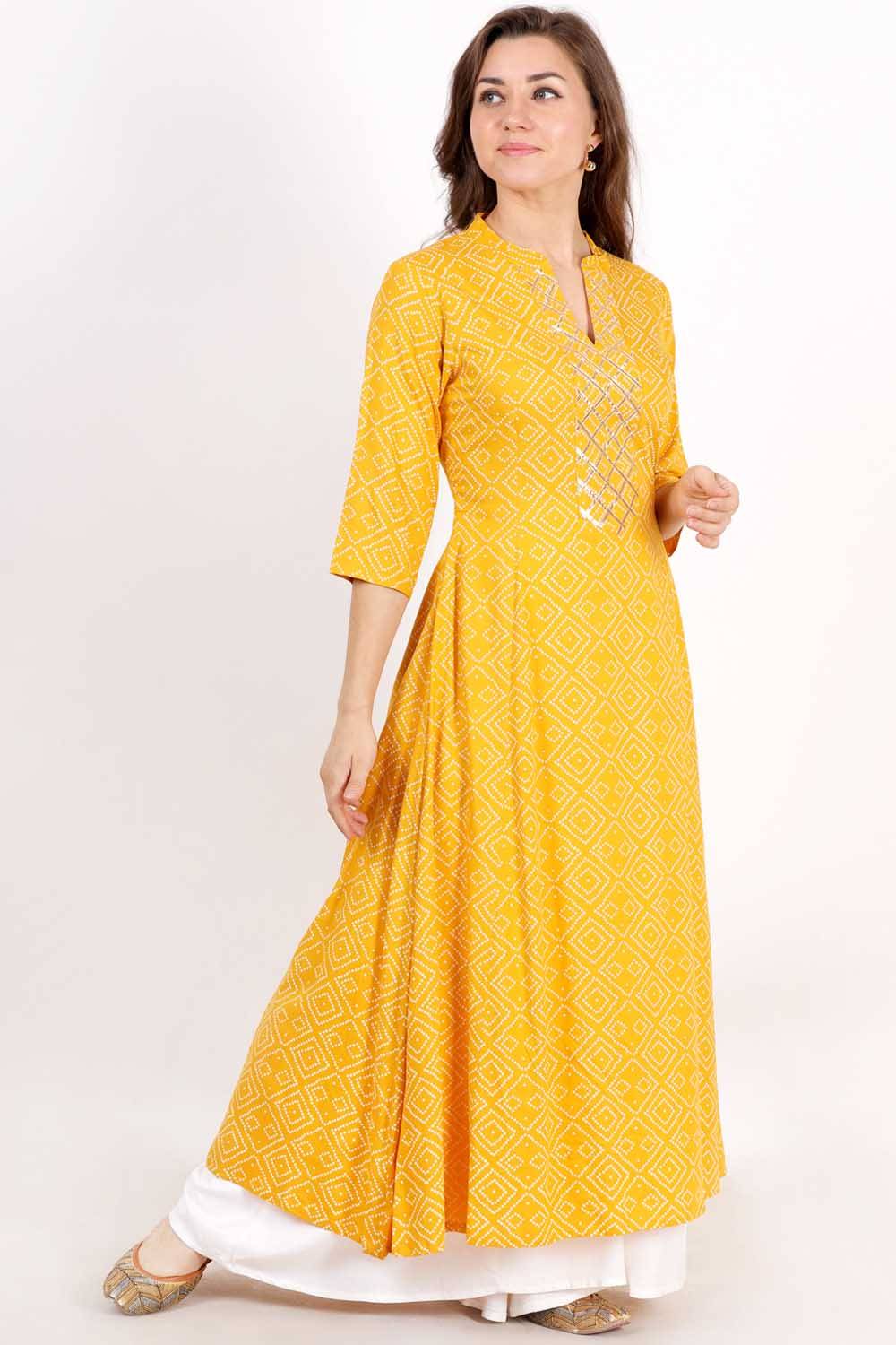 Yellow Bandhani Print Anarkali With Gota Work