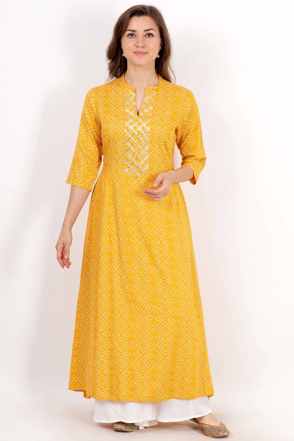 Yellow Bandhani Print Anarkali With Gota Work