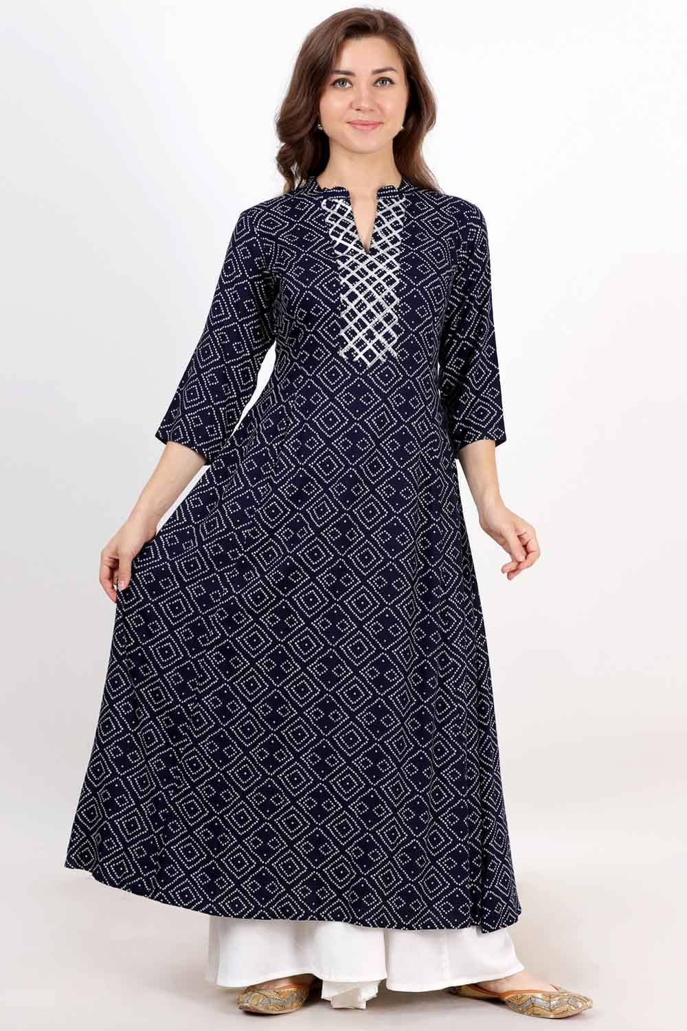 Navy Blue Bandhani Print Anarkali With Gota Work