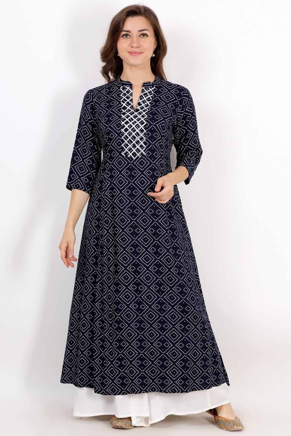 Navy Blue Bandhani Print Anarkali With Gota Work