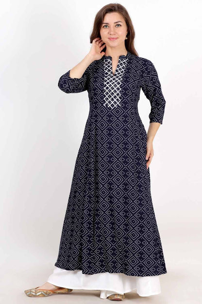 Navy Blue Bandhani Print Anarkali With Gota Work