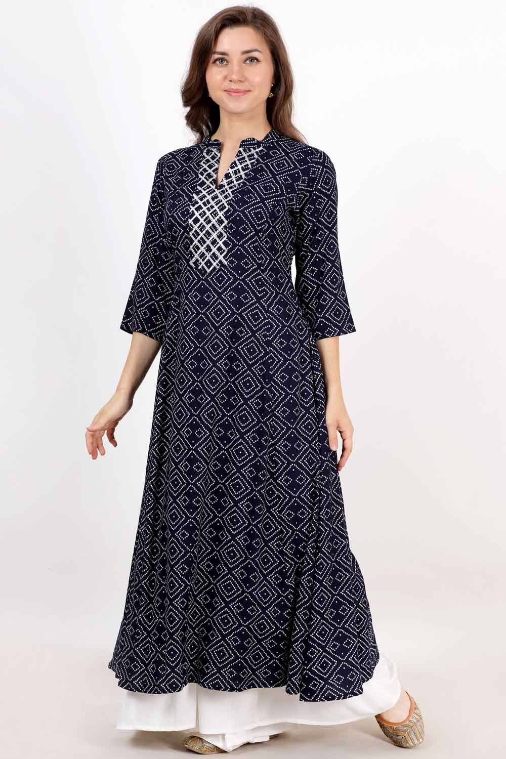 Navy Blue Bandhani Print Anarkali With Gota Work