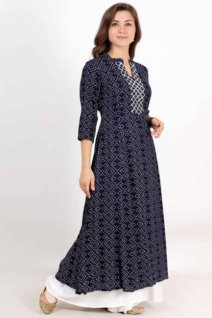 Navy Blue Bandhani Print Anarkali With Gota Work