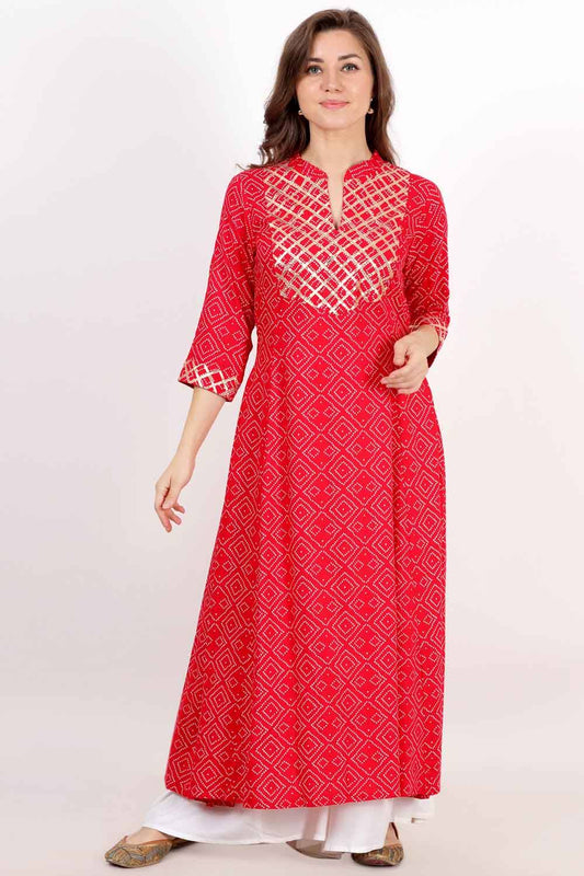 Red Bandhani Print Anarkali With Gota Work