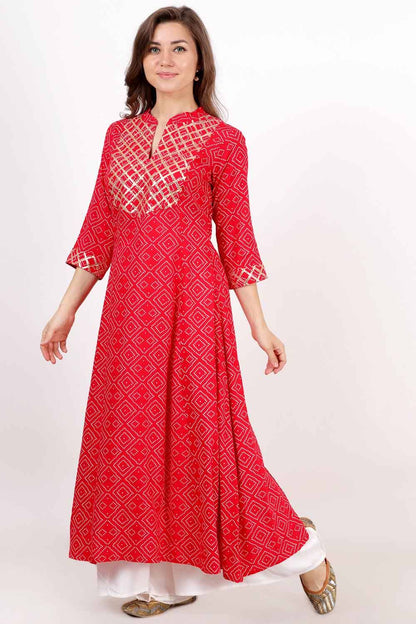 Red Bandhani Print Anarkali With Gota Work