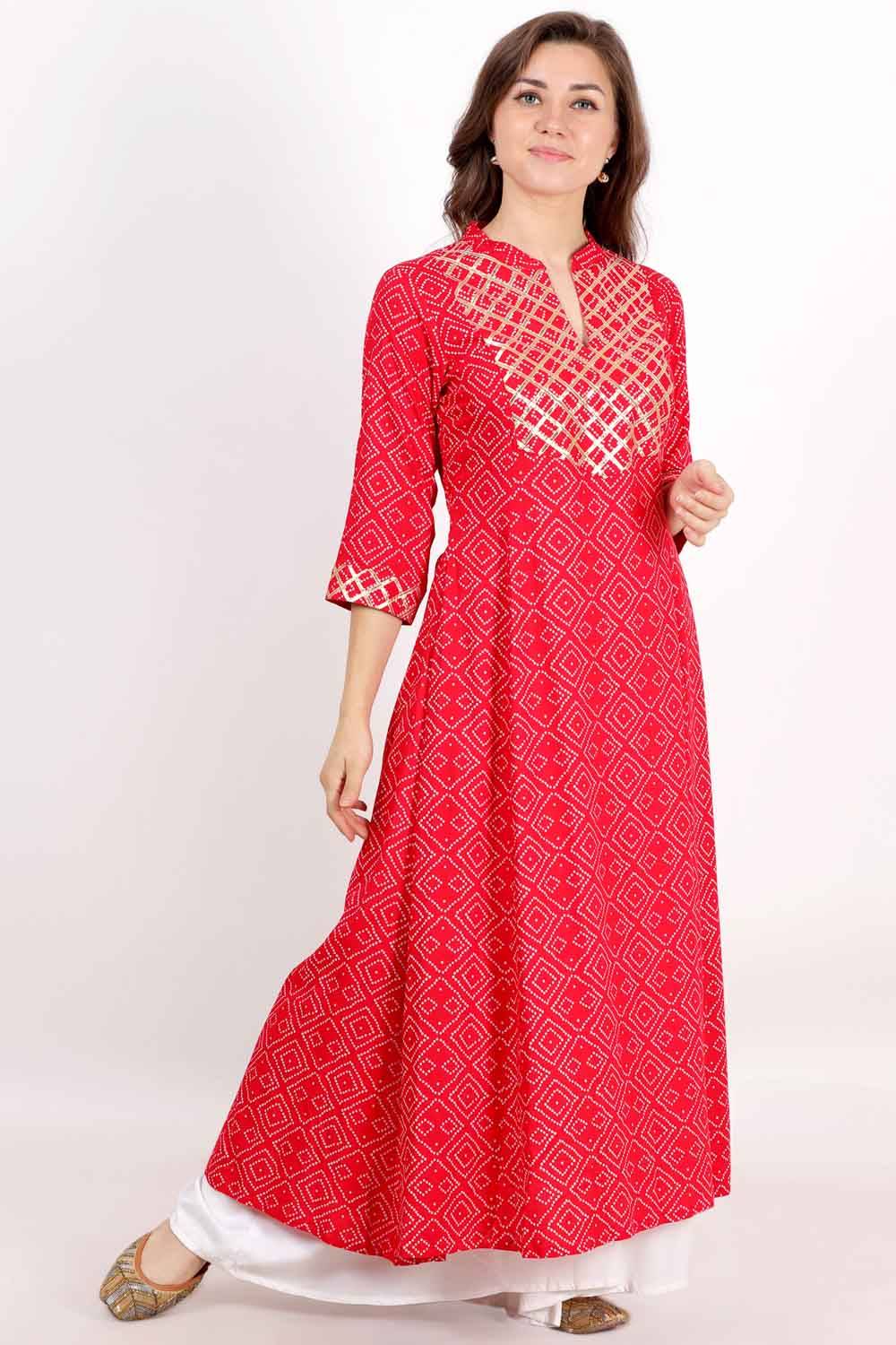 Red Bandhani Print Anarkali With Gota Work