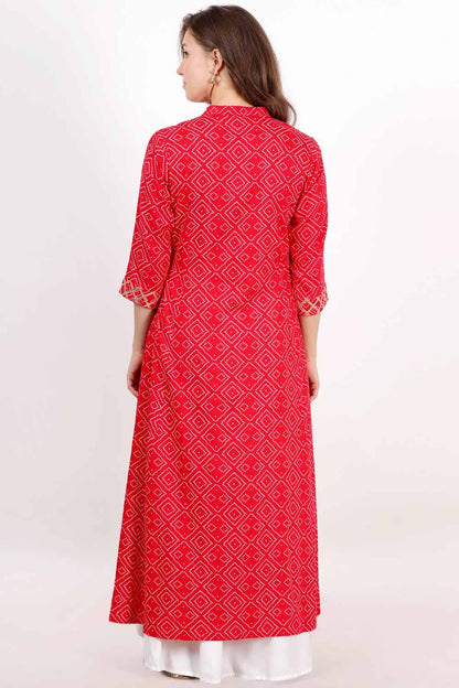 Red Bandhani Print Anarkali With Gota Work