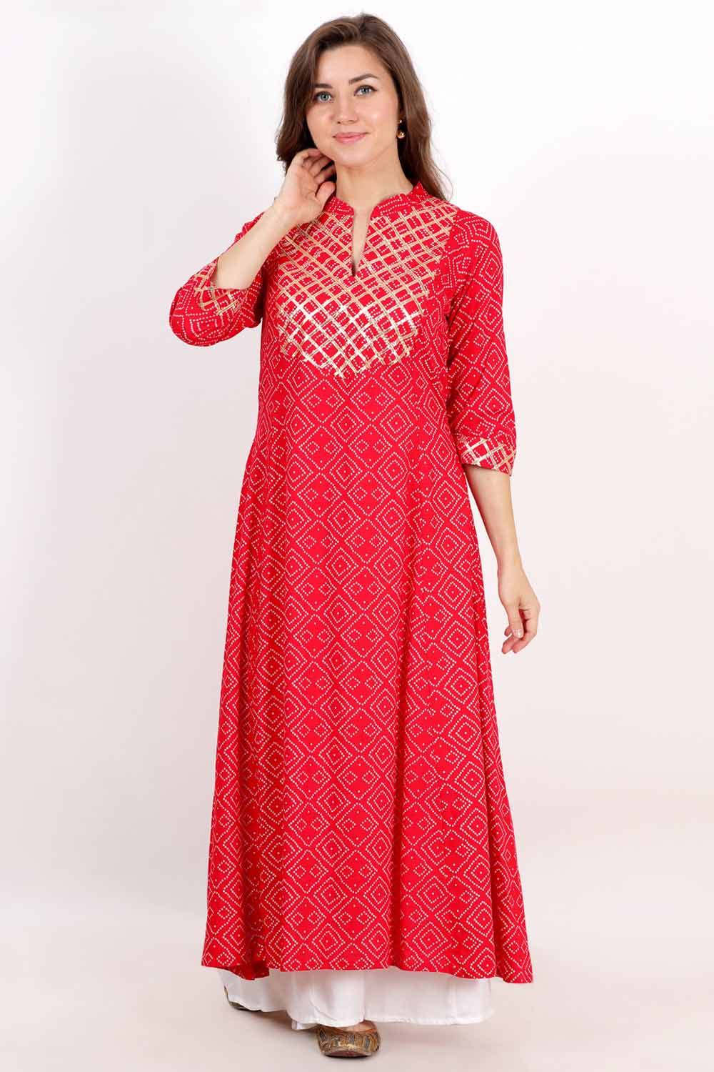 Red Bandhani Print Anarkali With Gota Work