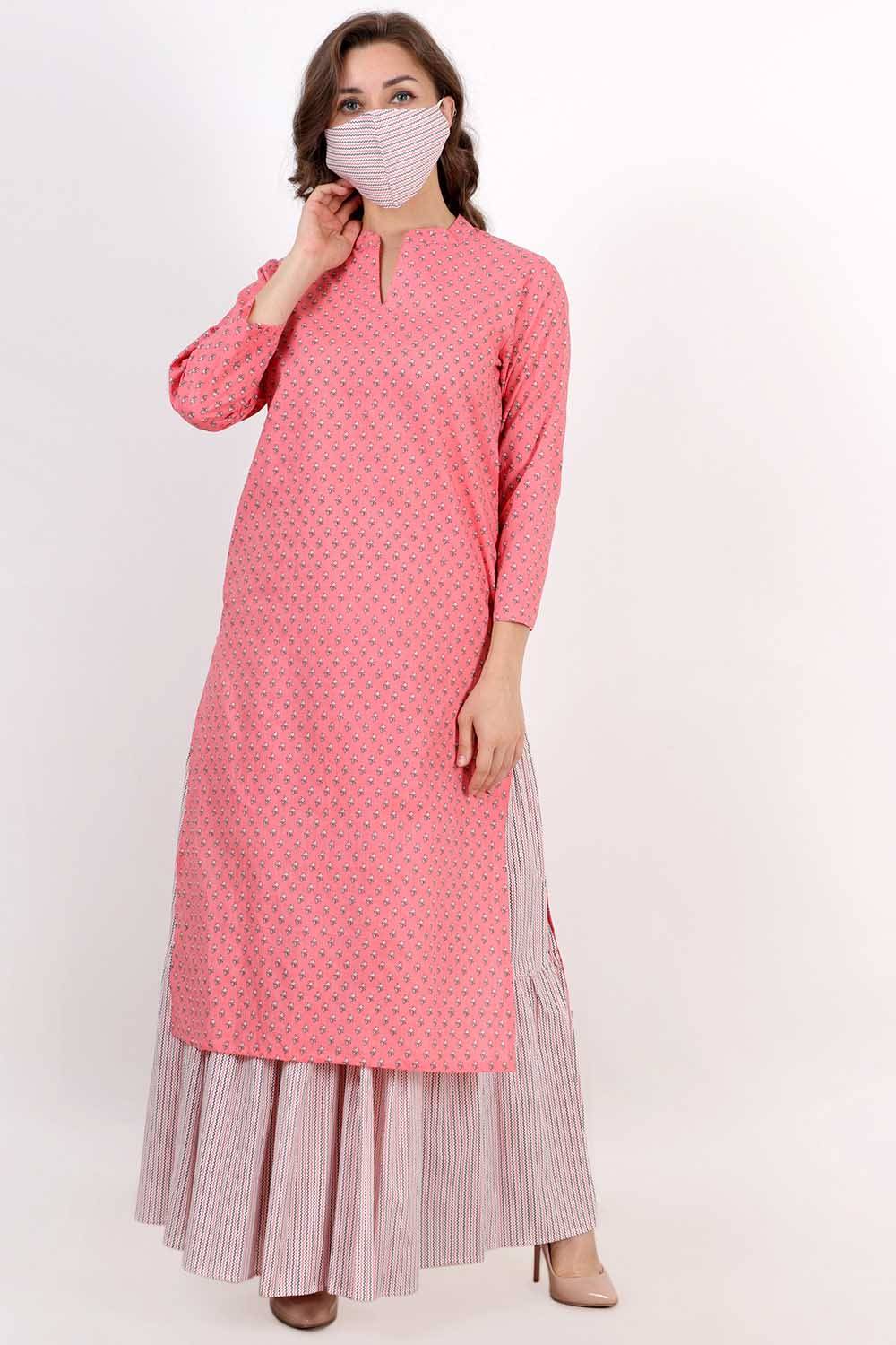 Light Pink Printed Kurta With Skirt Set