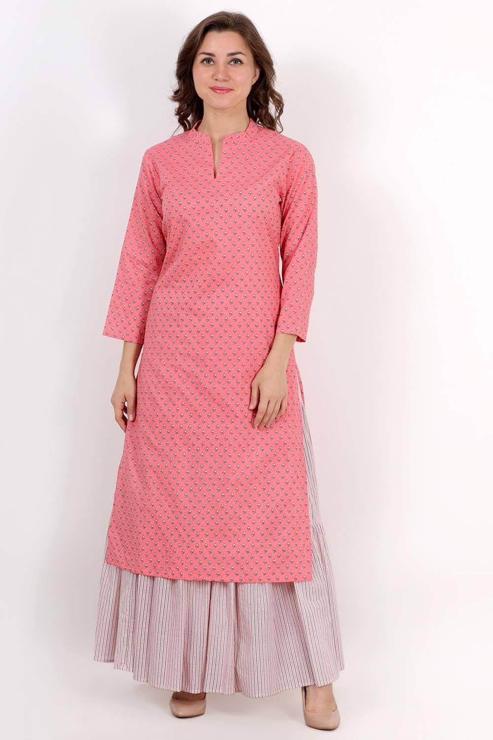 Light Pink Printed Kurta With Skirt Set