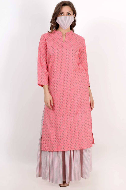 Light Pink Printed Kurta With Skirt Set