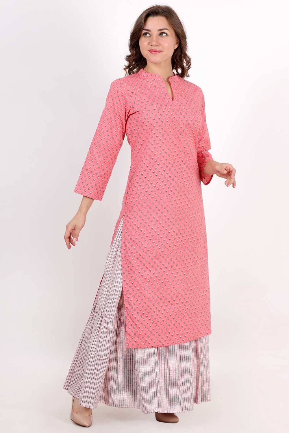 Light Pink Printed Kurta With Skirt Set