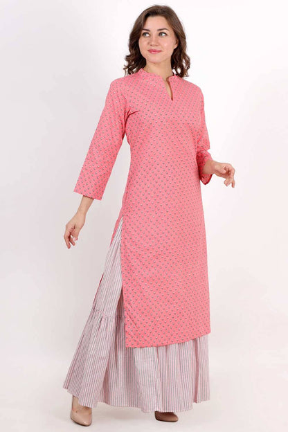 Light Pink Printed Kurta With Skirt Set