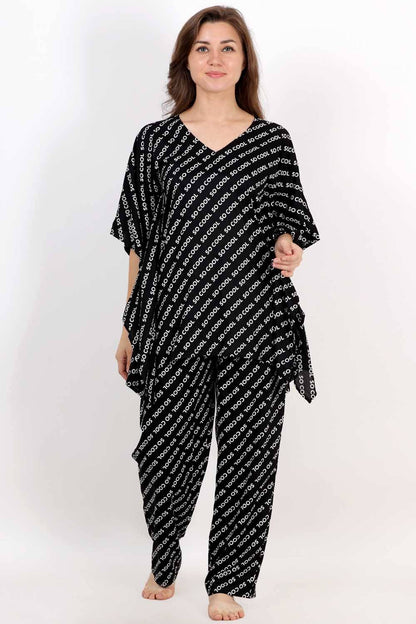 Plus Size Quirky Black Kaftan Top &amp; Pyjama Set