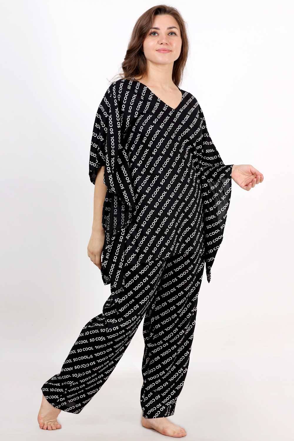 Plus Size Quirky Black Kaftan Top &amp; Pyjama Set