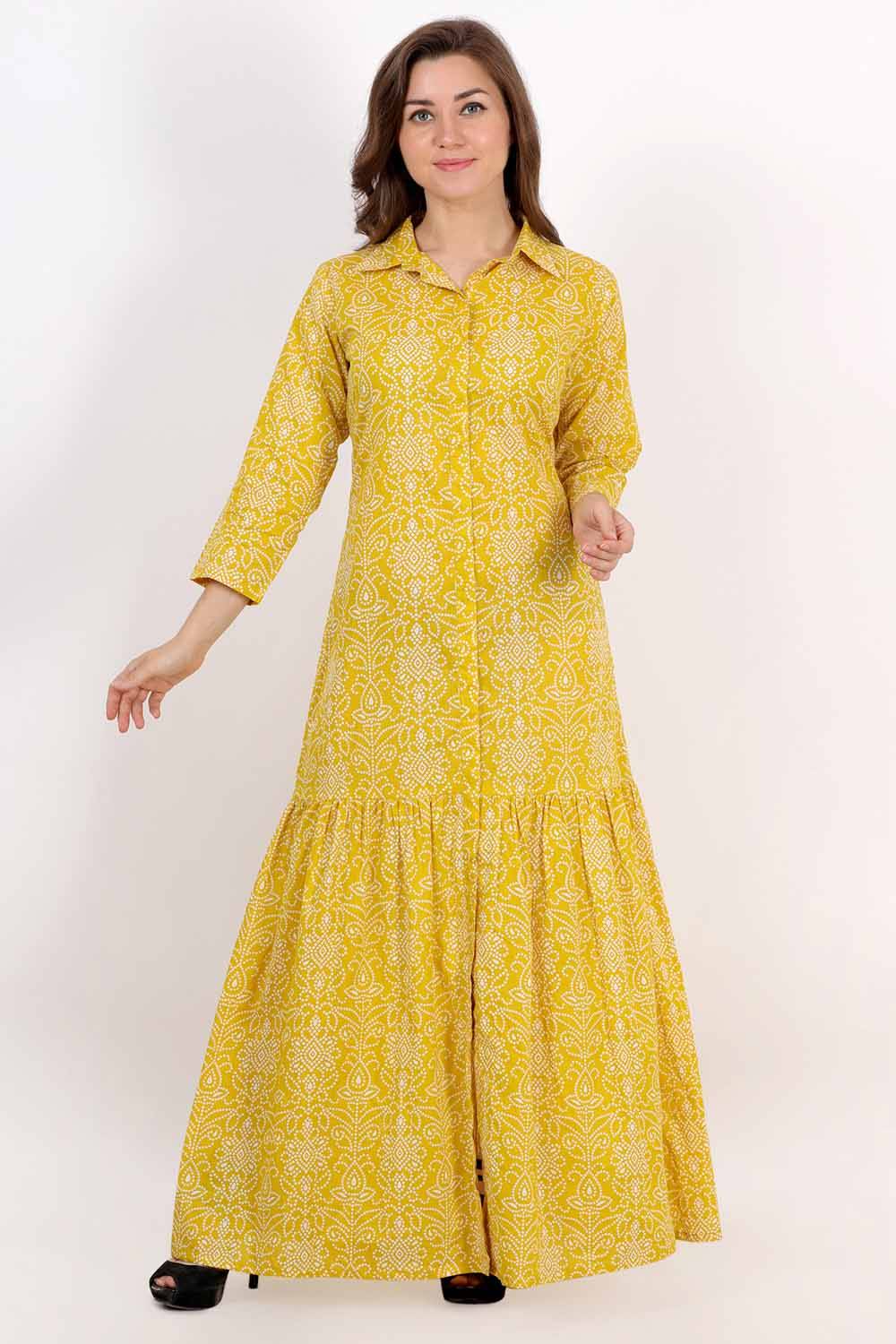 Yellow Bandhani Printed Shirt Maxi Dress