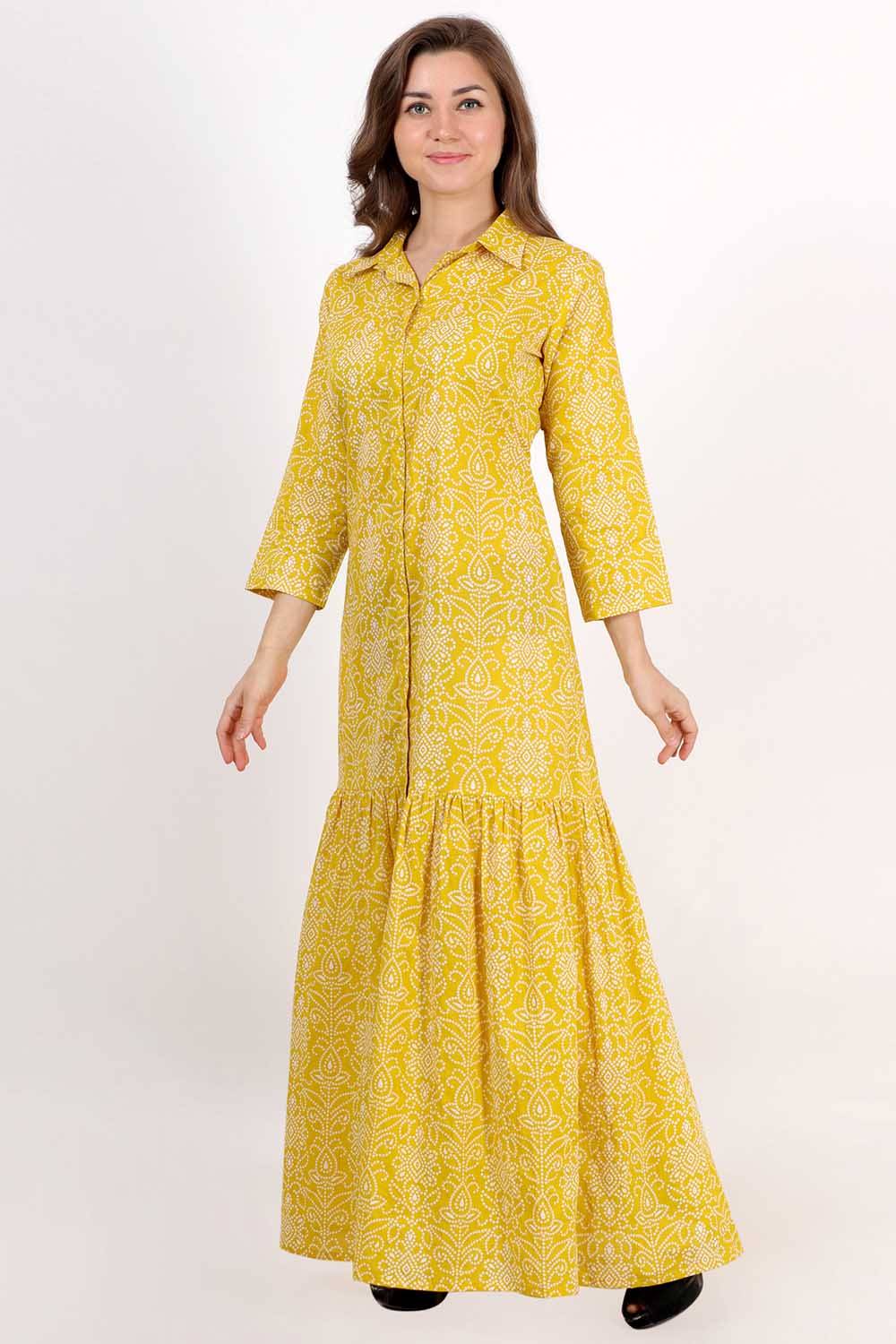 Yellow Bandhani Printed Shirt Maxi Dress