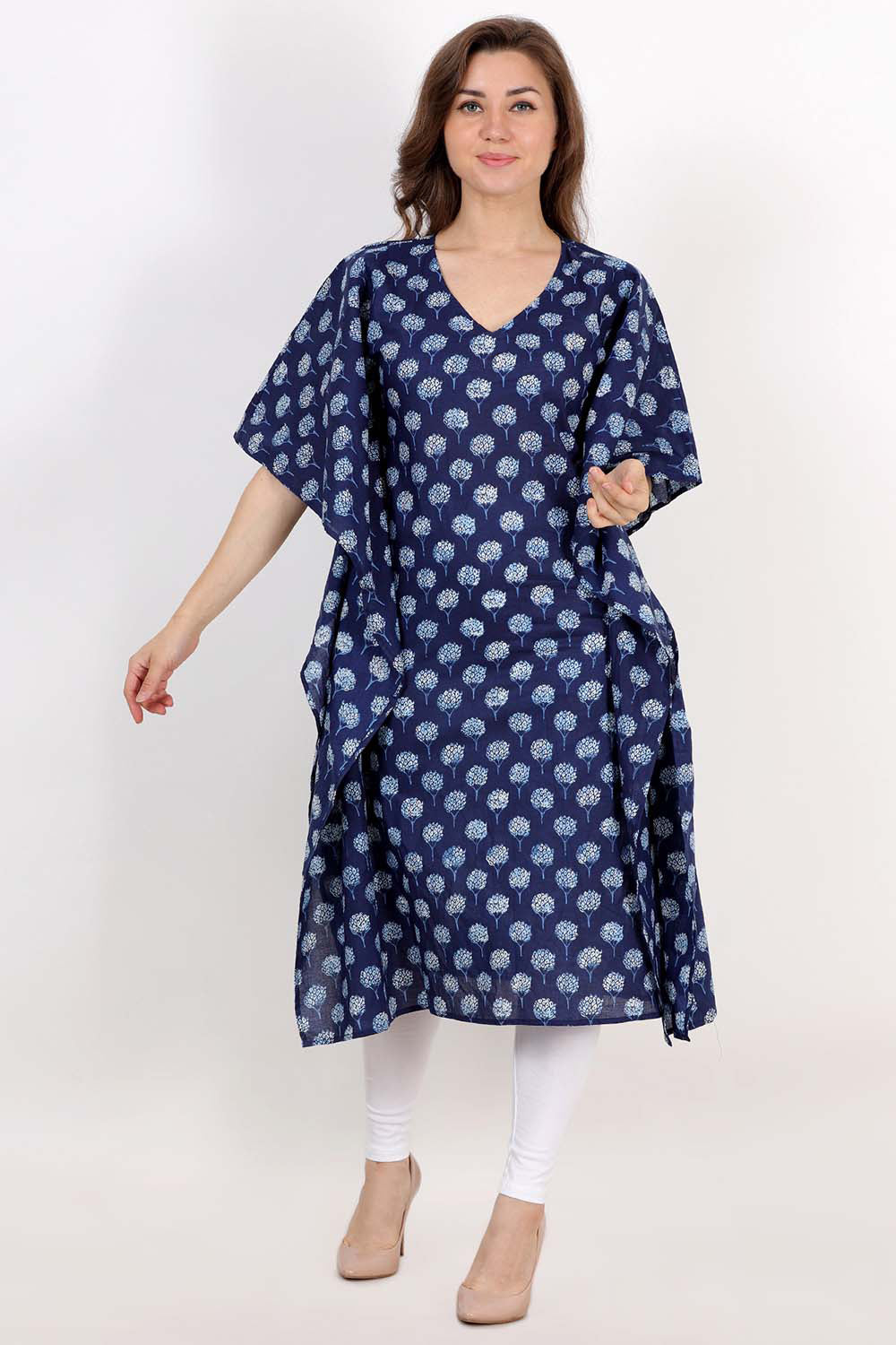 Blue Block Printed Kaftan Kurta