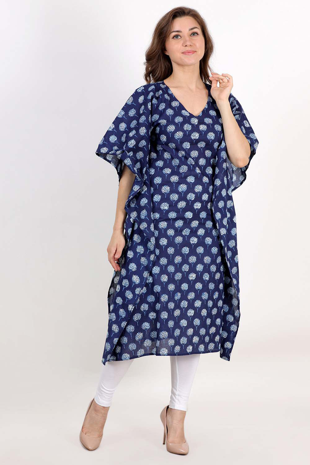 Blue Block Printed Kaftan Kurta