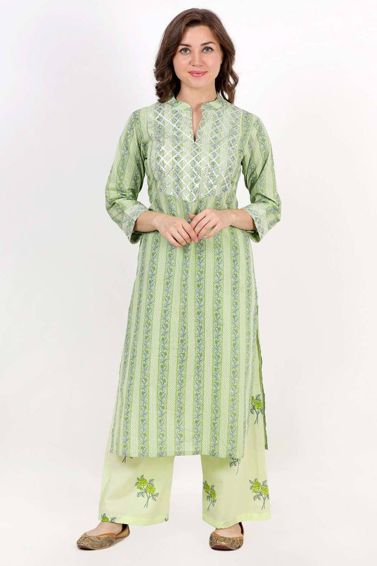 Green Printed Gota Kurti With Palazzo Set