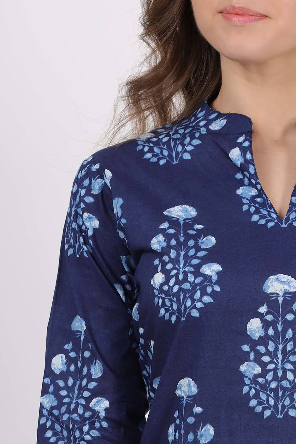 Blue Floral Cotton Kurti