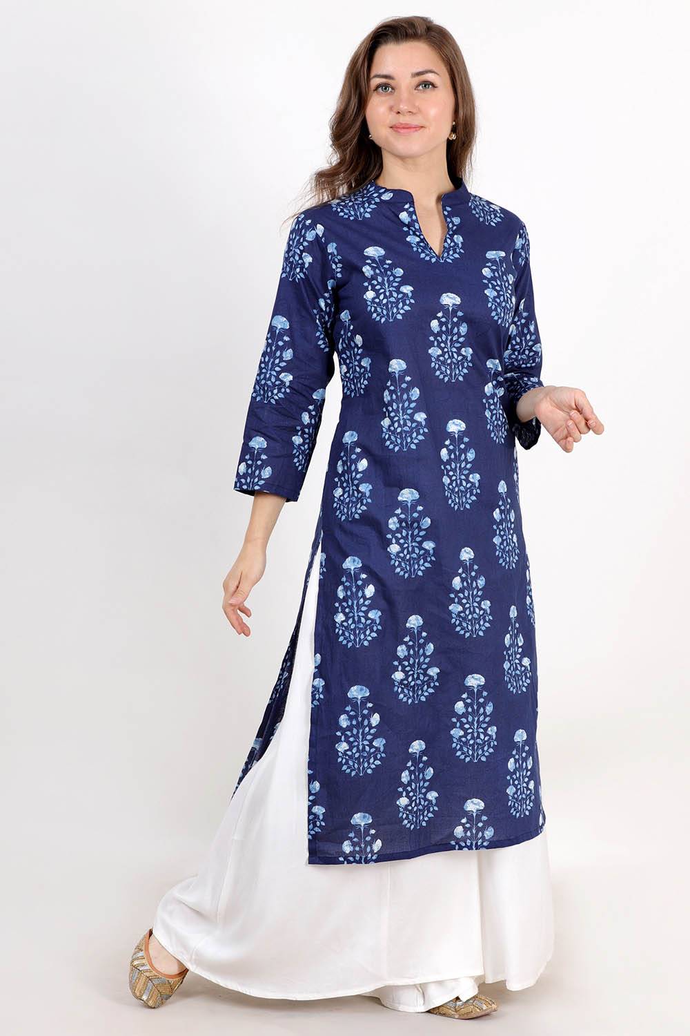 Blue Floral Cotton Kurti