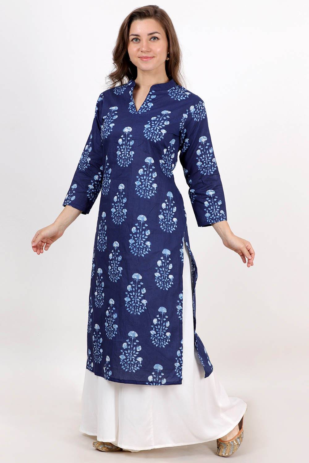 Blue Floral Cotton Kurti