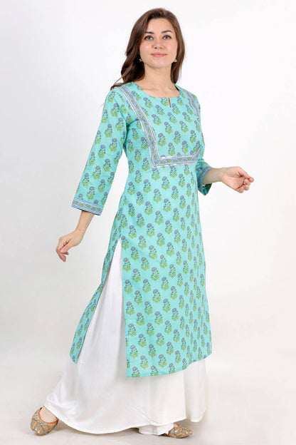 Light Blue Jaipuri Block Printed Kurta