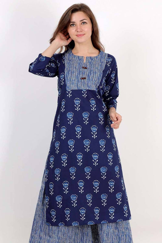 Blue Yoke Motif Print Kurta