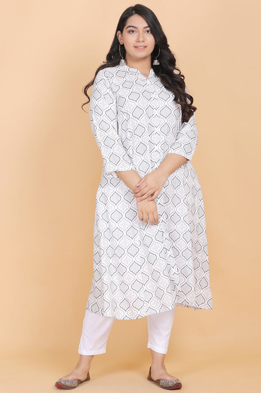 White Printed A-line Kurti