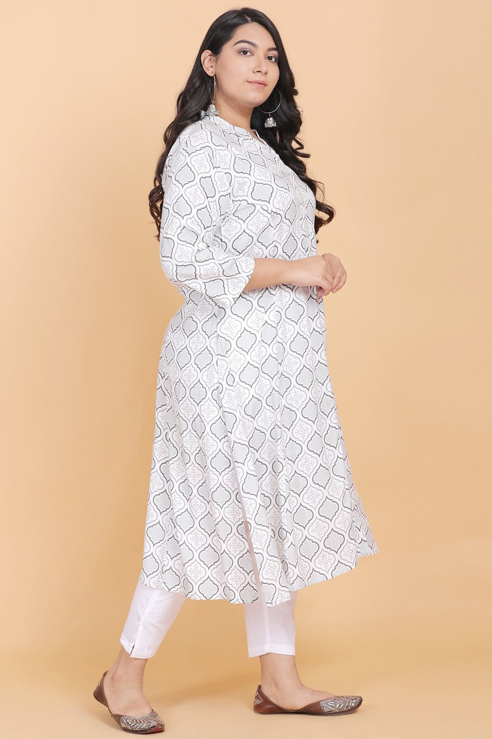 White Printed A-line Kurti