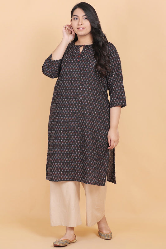 Black Floral Print Cotton Kurti