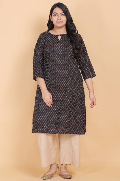 Black Floral Print Cotton Kurti