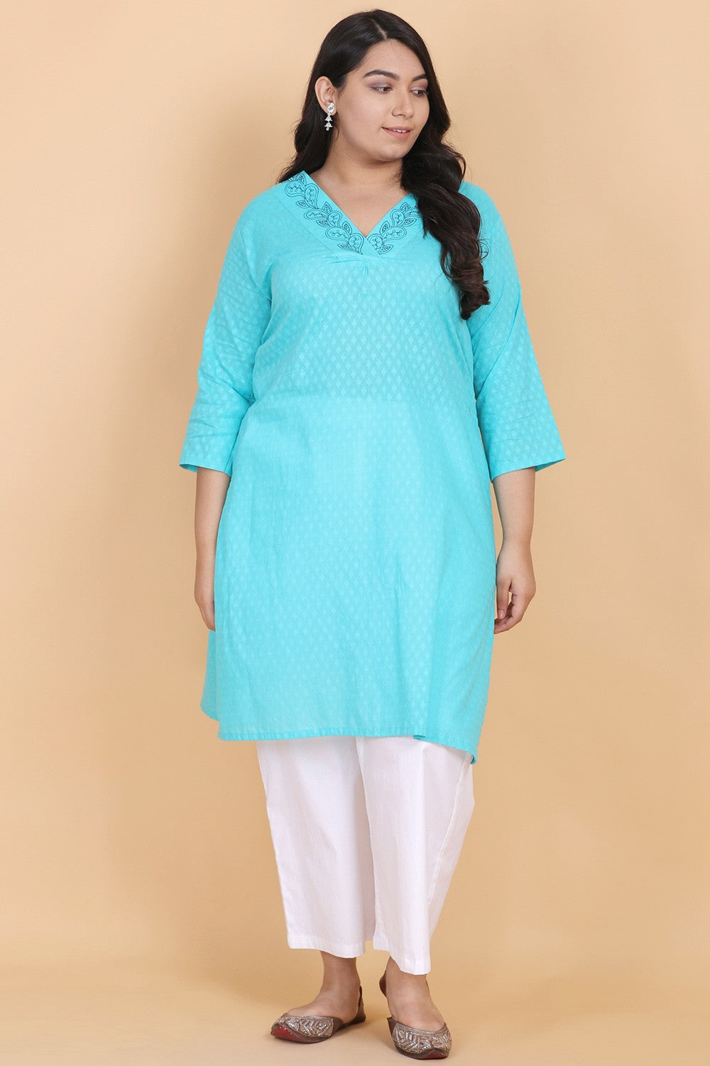 Blue Embroidery V-Neck Kurti