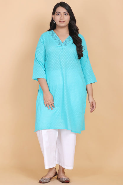 Blue Embroidery V-Neck Kurti