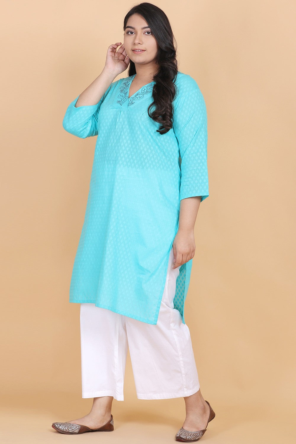 Blue Embroidery V-Neck Kurti