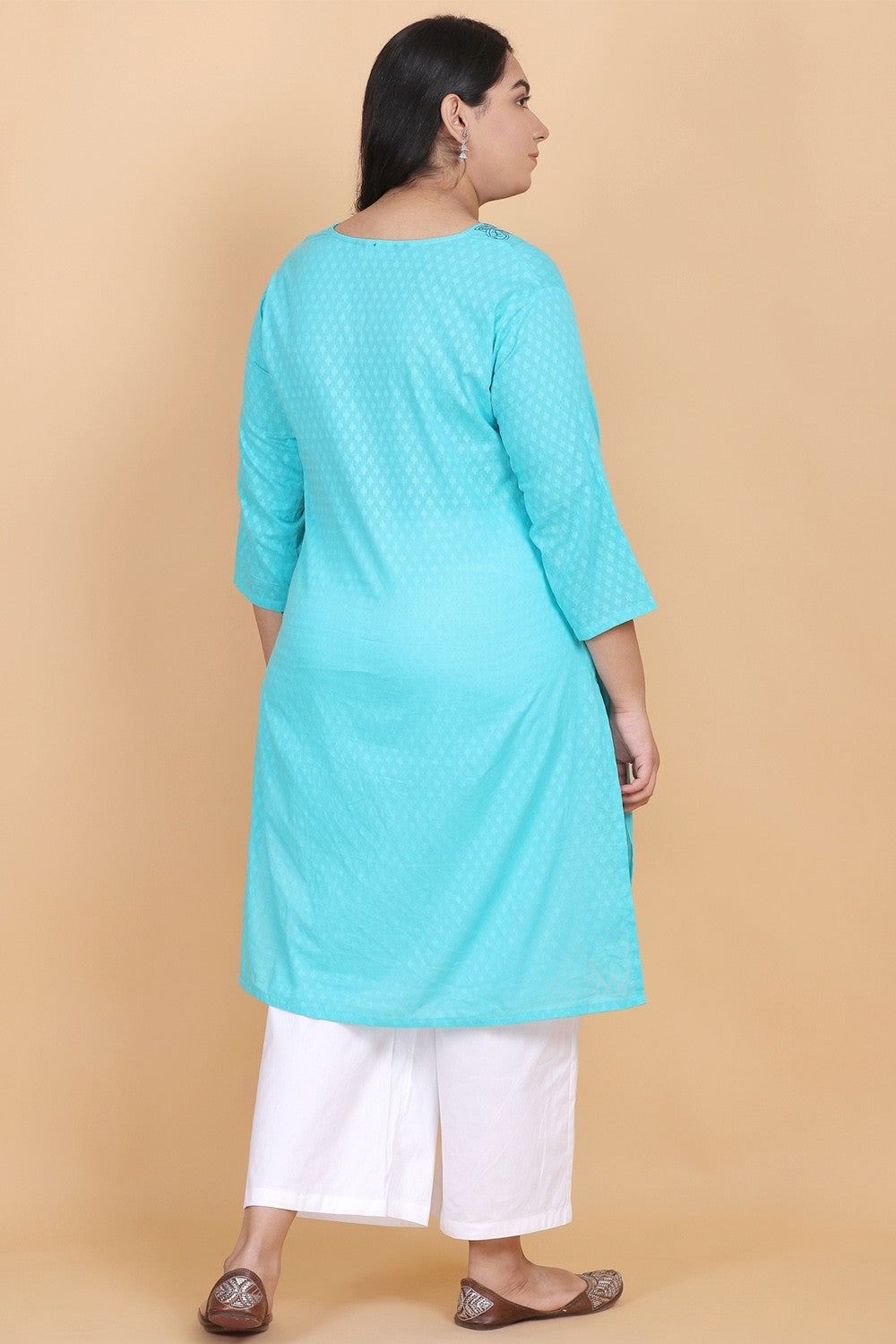 Blue Embroidery V-Neck Kurti