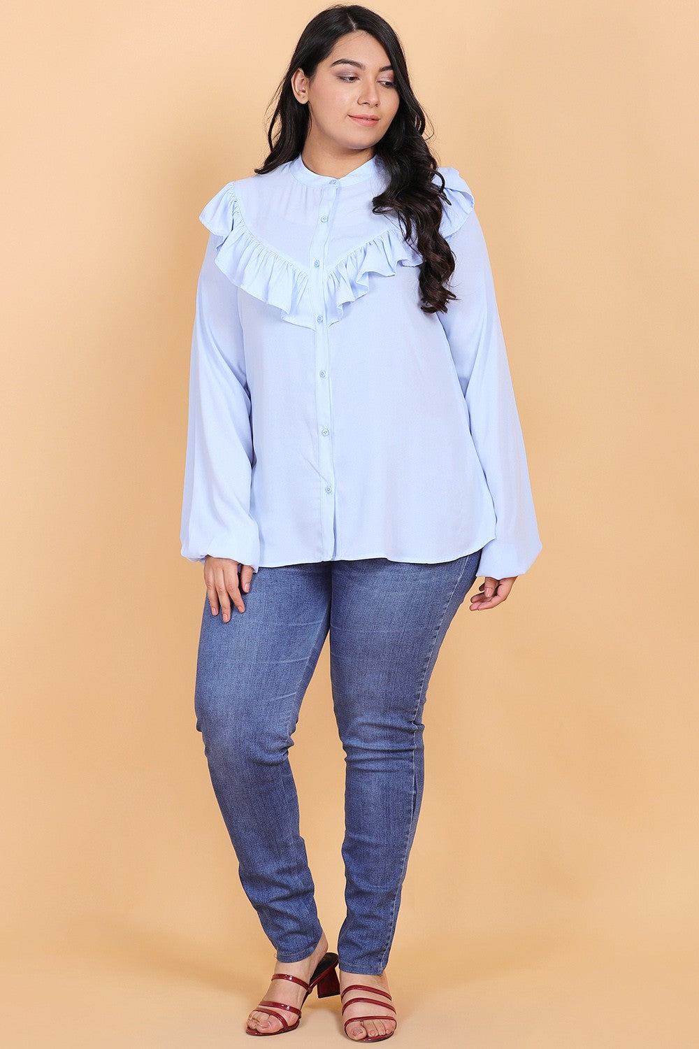 Solid Blue Ruffle Shirt