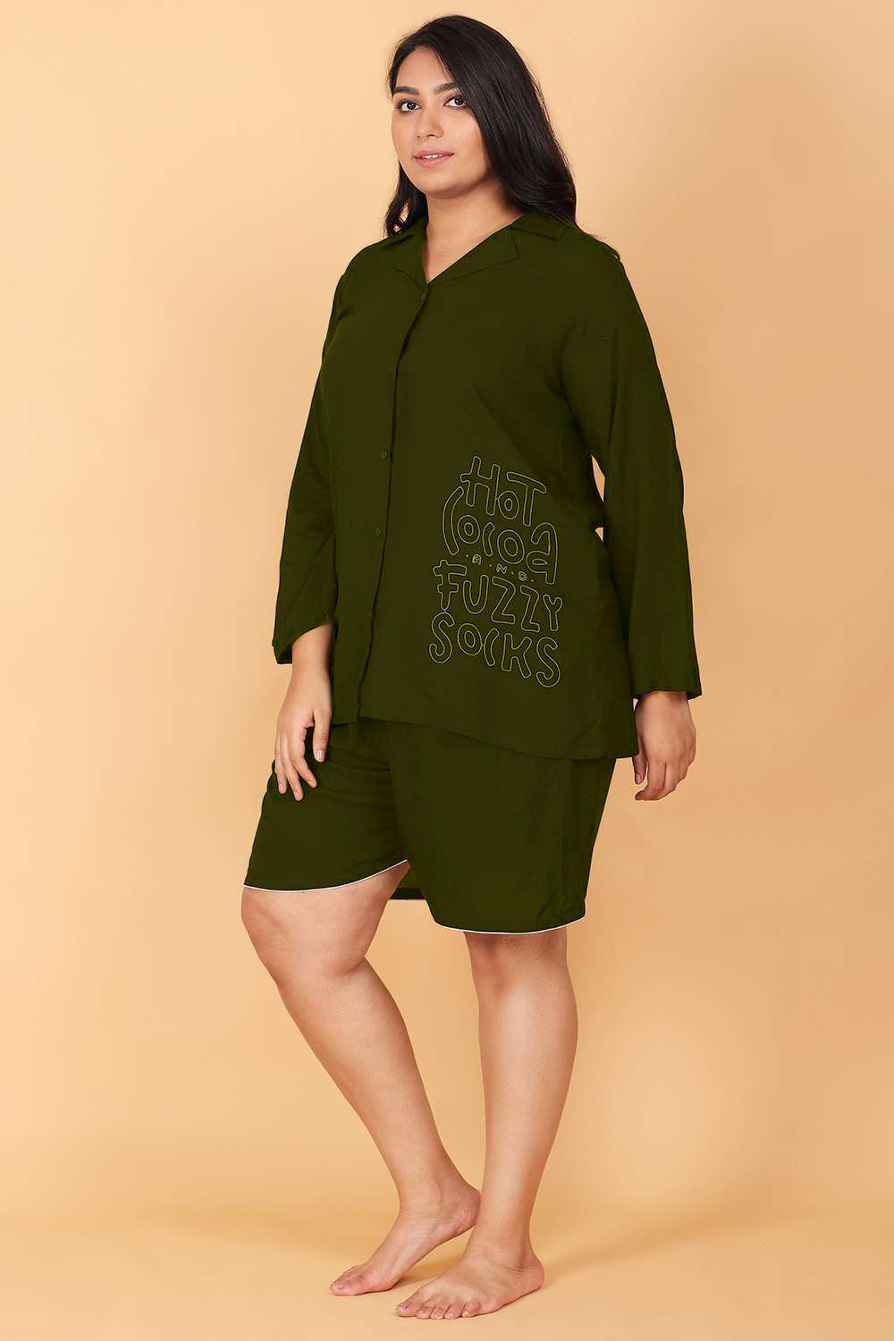 Fuzzy Green Embroidered Shorts Night Suit Set