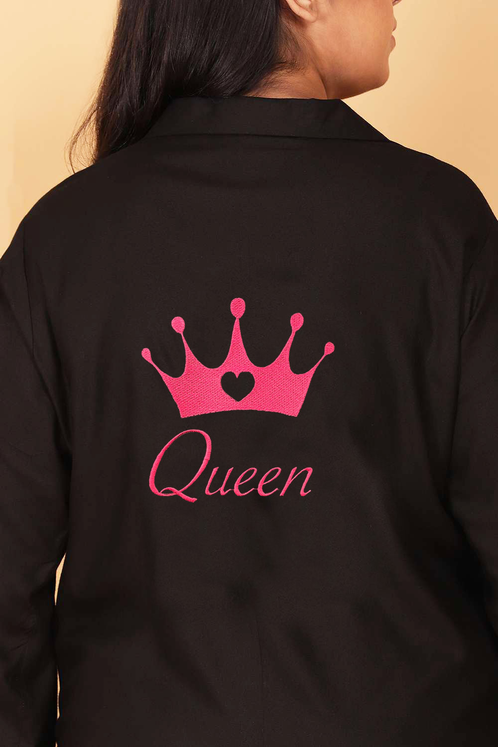 Queen Embroidery Black Night Suit Set