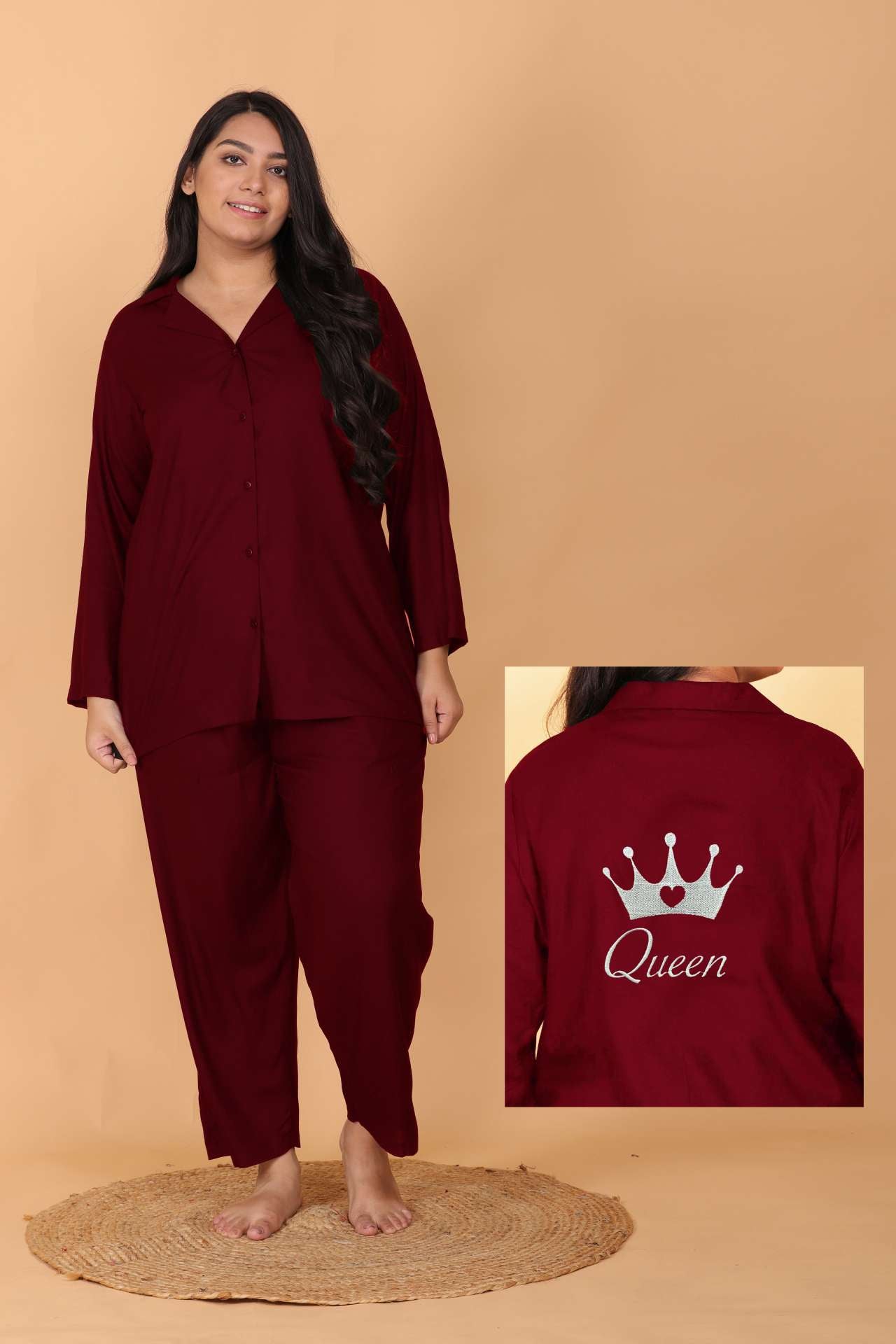 Maroon Queen Embroidery Night Suit Set